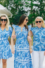 Load image into Gallery viewer, SAIL TO SABLE - BLUE CKB PRINT FLUTTER SLEEVE RIC-RAC MIDI DRESS