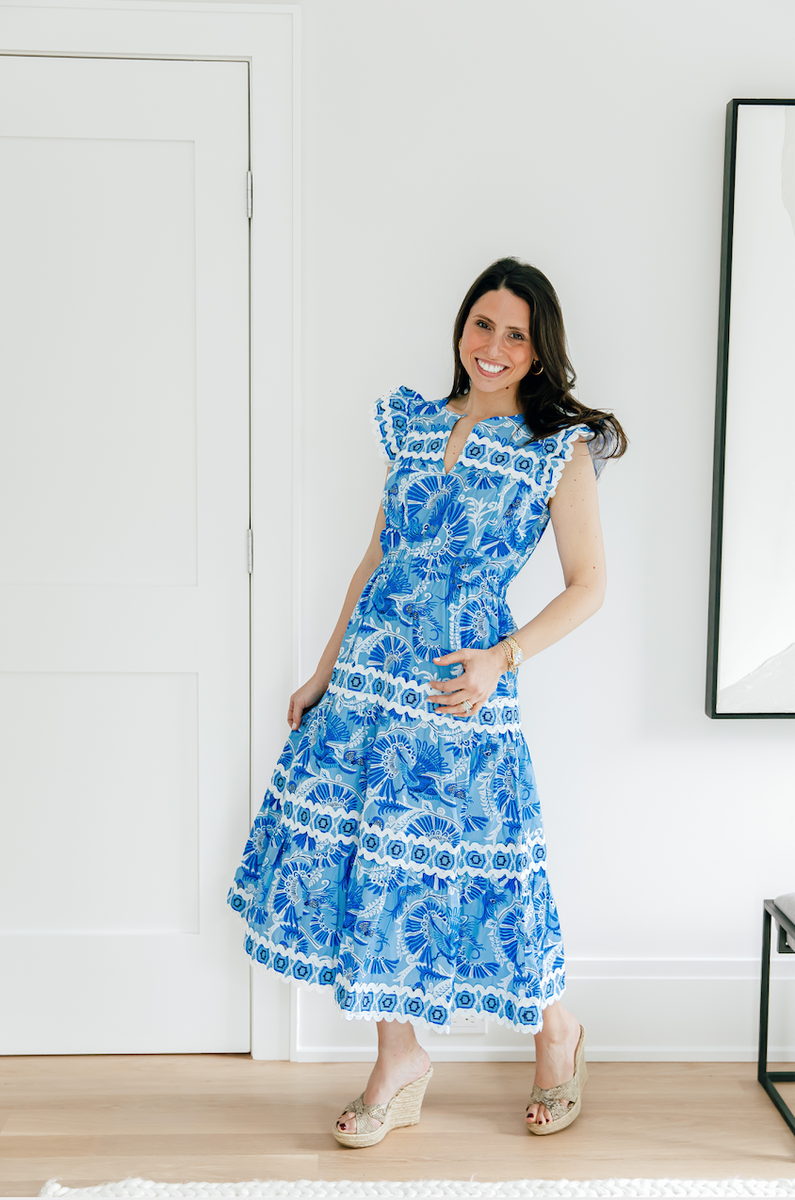 SAIL TO SABLE BLUE CKB PRINT FLUTTER SLEEVE RIC RAC MIDI DRESS