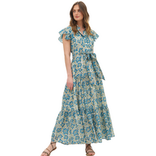 Load image into Gallery viewer, OLIPHANT RUFFLE COLLAR BUTTON MAXI DRESS - IVY BLUE/GOLD
