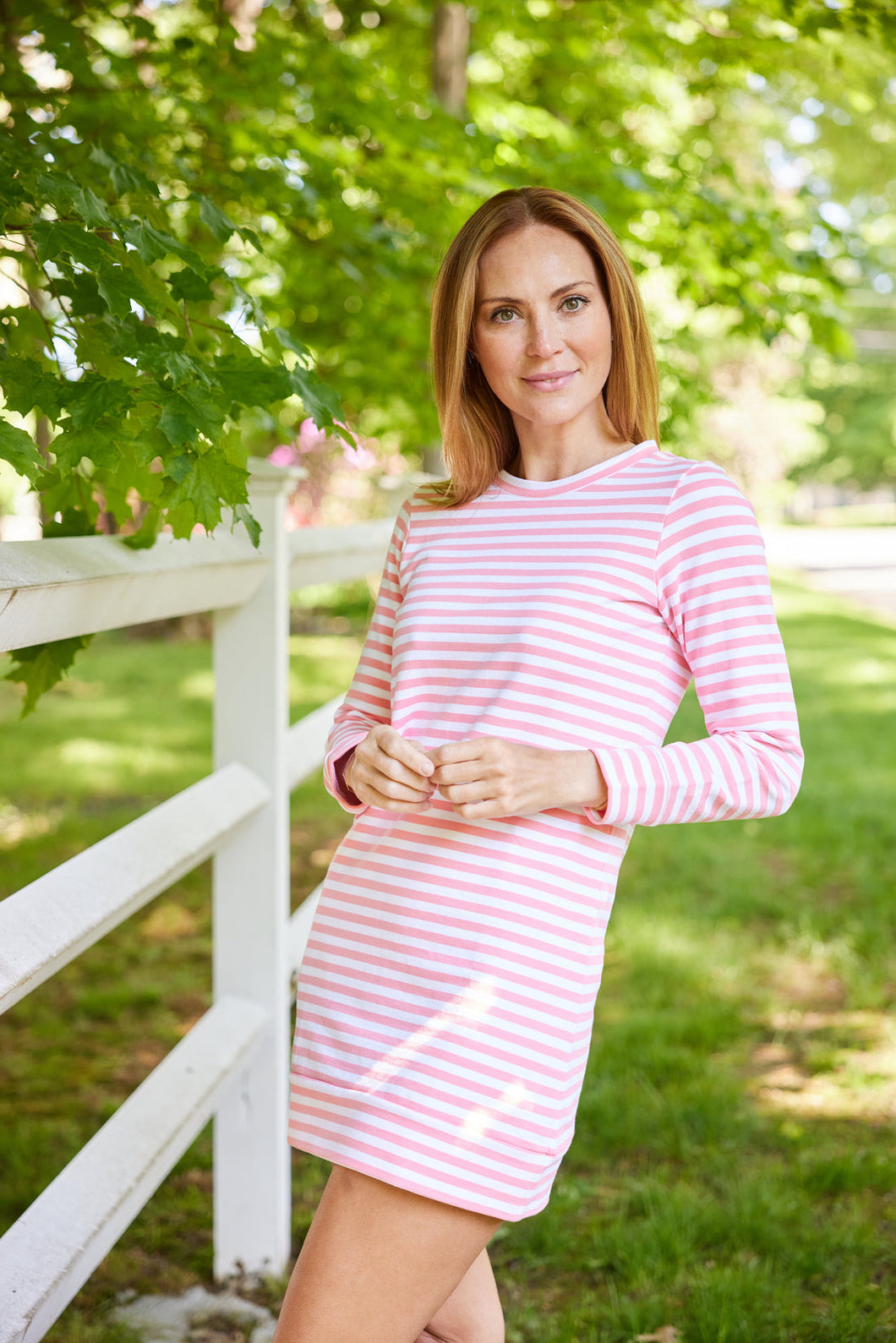 SAIL TO SABLE - Coral & White Stripe Long Sleeve Sweatshirt Dress