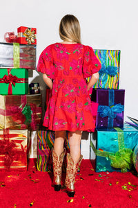 Queen of Sparkles - Red Poinsettia Poof Sleeve Dress