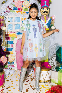 Queen of Sparkles - Light Blue & Rainbow Nutcracker Tulle Overlay Tee Dress