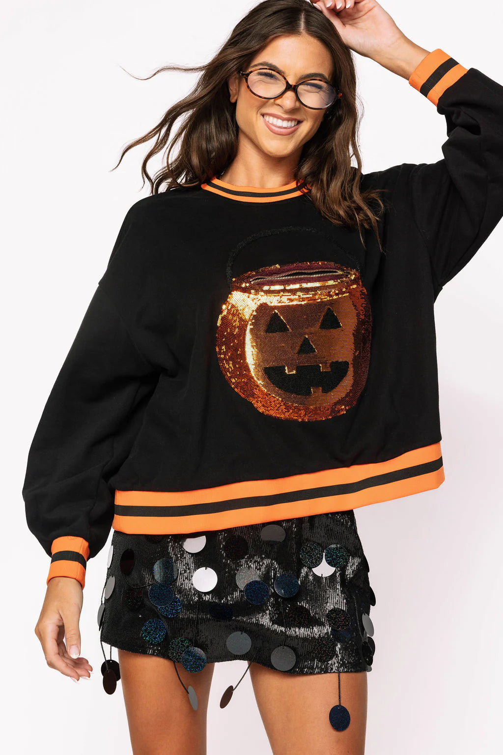 Queen of Sparkles - Black Halloween Pumpkin Functioning Candy Bucket Sweatshirt