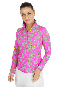 Tennis Print Long Sleeve Mock Neck Top UPF50+ Sun Shirt