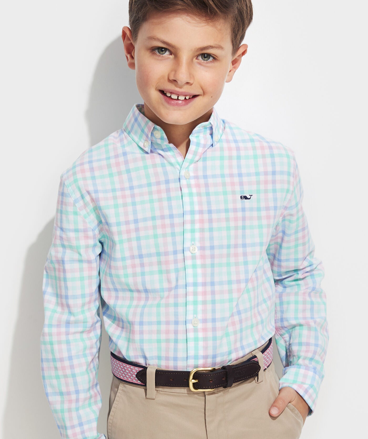 Vineyard Vines Boys' Palm Beach Poplin Plaid Whale Button-Down Shirt