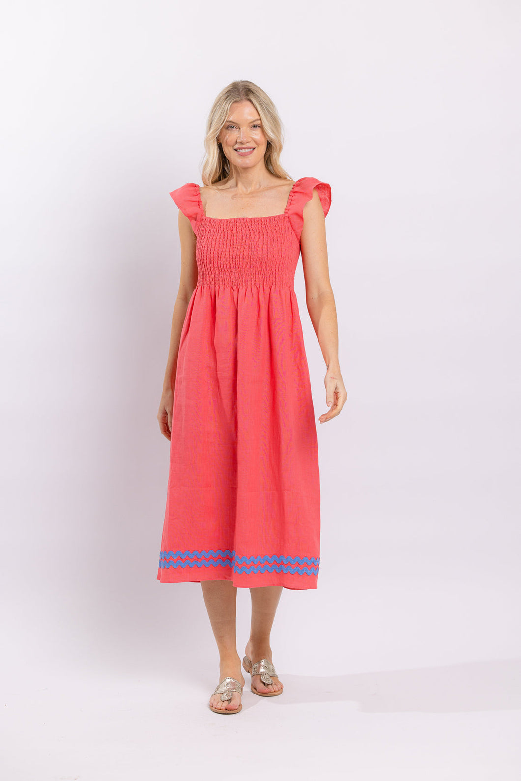 SAIL TO SABLE - Coral Square Neck Flutter Sleeve Midi Dress