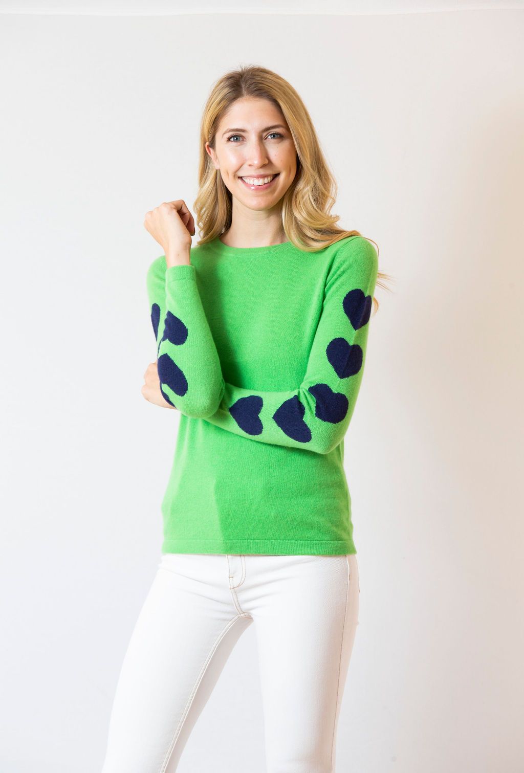 Two Bees Cashmere Heart Sleeve Green Navy