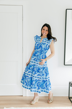Load image into Gallery viewer, SAIL TO SABLE - BLUE CKB PRINT FLUTTER SLEEVE RIC-RAC MIDI DRESS
